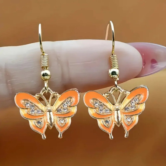 Beautiful Orange Butterfly Metallic Enamel Dangle Goldtoned Fashion Earrings set - Picture 1 of 2